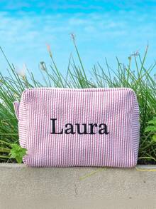 Embroidered Seersucker Cosmetic Bag, (Large + Small) Personalized Seersucker Cosmetic Bag, Custom Embroidered Toiletry Bag, Cosmetic Bag, Bridesmaid Gift, Bridal Party Gift, Cosmetic Storage Bag - Multicolor - View 3