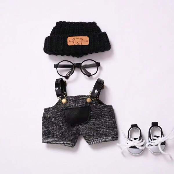 Vêtements de poupée de 17 cm, ensemble de 4 pièces à la mode et mignon, pour poupées de 15 à 17 cm (5,9 à 6,69 pouces), avec chapeau, chaussures en canevas noire et lunettes (poupée non incluse).