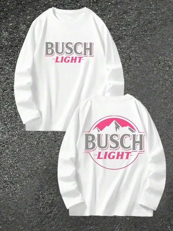 Men's Round Neck Long Sleeve T-Shirt, Pink BUSCH Logo Print, Casual For Gatherings
