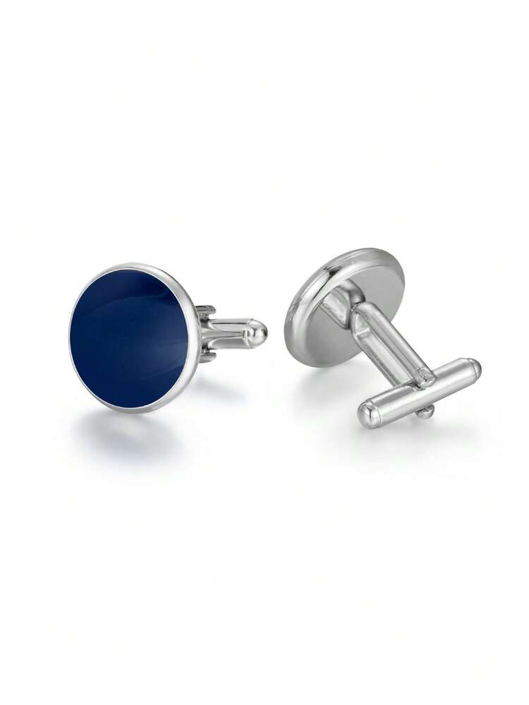 1 Pair Basic Blue Oil Drop Round Cufflinks, Formal Suit Accessory, Daily Business Fashion Cufflink Set - Navy Blue - View 1