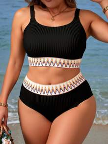 Swim Lushoire 夏季沙滩加大胶带比基尼套装上衣和高腰下装两件套泳衣 - 黑色 - 查看 1