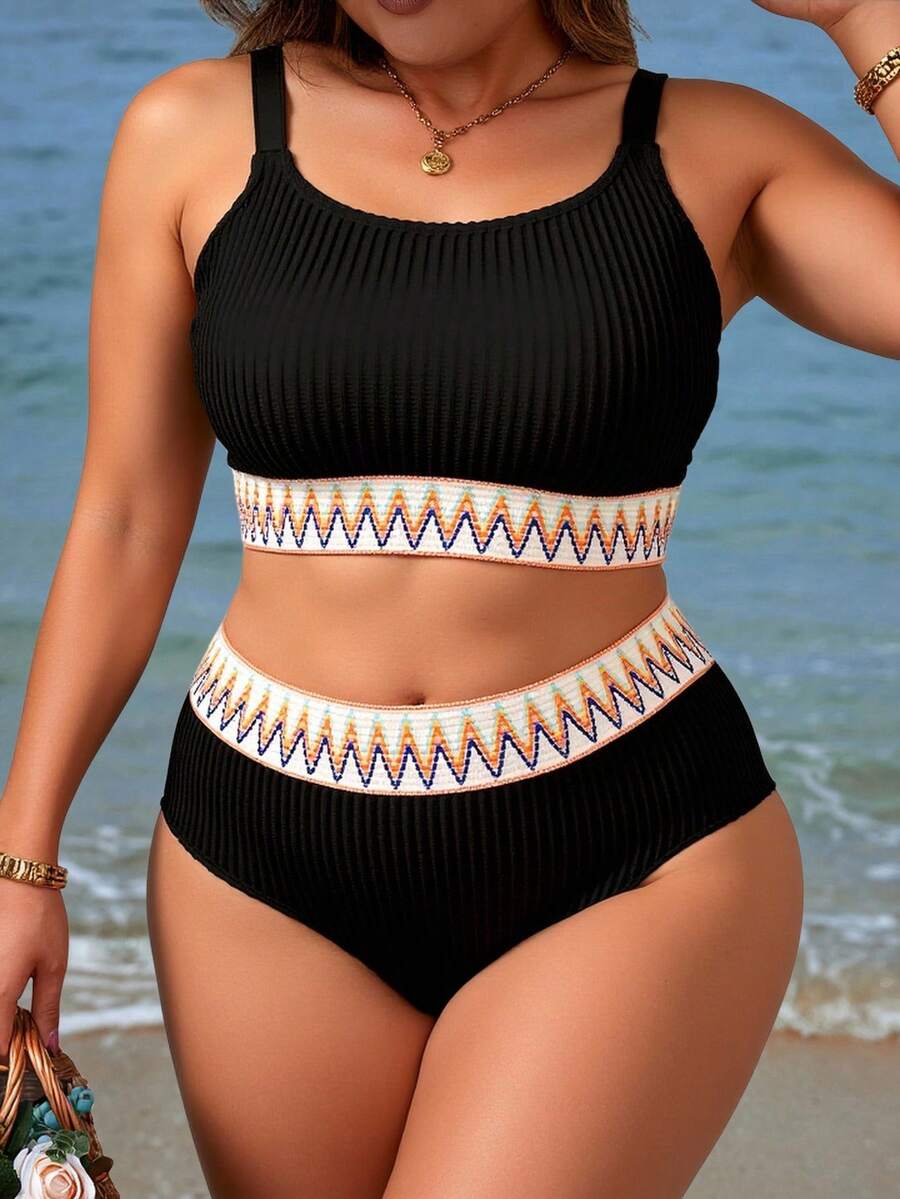 Swim Lushoire 夏季沙滩加大胶带比基尼套装上衣和高腰下装两件套泳衣 - 黑色 - 查看 1