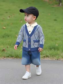 1pc Toddler Boys' Fashionable Lapel Diamond Grid Faux Pocket Long Sleeve Cardigan Sweater, Suitable For Everyday And Vacation, Spring/Autumn/Winter - Blue - View 5