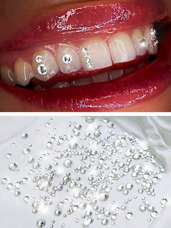 160 piezas Juego de pegatinas de gemas dentales autoadhesivas, decoración de joyería dental de moda unisex, accesorios de dientes de cristal de strass, incluye herramientas, adecuado para Halloween, gótico, Y2K, estilo punk