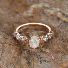 Rainbow White Fire Synthetic Opal Ring |   Rose Golden Color, Small Moon Rings, Elegant Vintage Style, 14K Golden Plated, Oval Stone Engagement Ring For Women, Suitable For Daily And Party Occasions - 6 - 查看 4