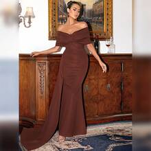 Europäisches und amerikanisches elegantes rotes Satin Off-Shoulder Socialite Kurzarm langes hochwertiges trägerloses Abendkleid