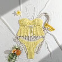 Nuevo conjunto de mujer de moda para resort de playa con tela especial y adorno de encaje en color amarillo pálido - Amarillo - Ver 5