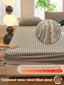1 pieza Juego de sábana ajustada de franela con rayas gruesas, suave y cómoda, adecuada para dormitorio, dormitorio, hotel, aplicable para camas individuales, dobles, queen, king, otoño/invierno/primavera - Camel - Ver 2