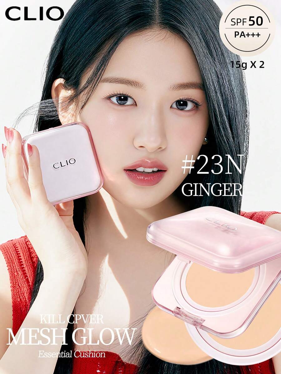 Clio K-Beauty KILL COVER MESH GLOW ESSENTIAL CUSHION FOUNDATION SET，15g*2 [含替换装]，SPF50+ PA++++，无瑕玻璃肌肤，亮泽肌肤妆容，保湿补水，无粉感，轻盈，可叠加遮瑕，韩妆 - 23N GINGER - 查看 1