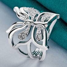 925 Sterling Silver Plated Butterfly Zirconia Open Ring For Women Wedding Charm Fashion Jewelry - Silver - View 4