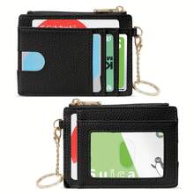 Ultra-Thin PU Leather Wallet With Keychain - Lychee Texture, Zipper Coin Pocket And Card Holder - 黑色 - 查看 2