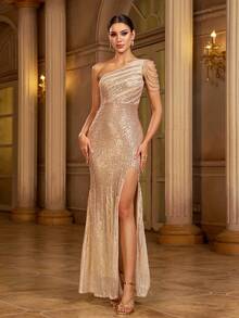 Missord Asymmetrical Neck Split Thigh Sequin Formal Dress Elegant Prom Evening Wedding Guest Gown, For Graduation, Dinner Party Dress