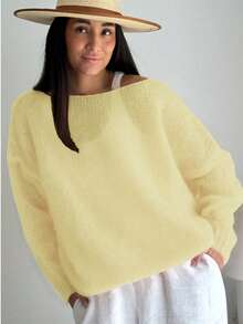 女士优雅纯色船领毛衣，休闲宽松长袖毛衣，春季款 - Butter Yellow - 查看 2
