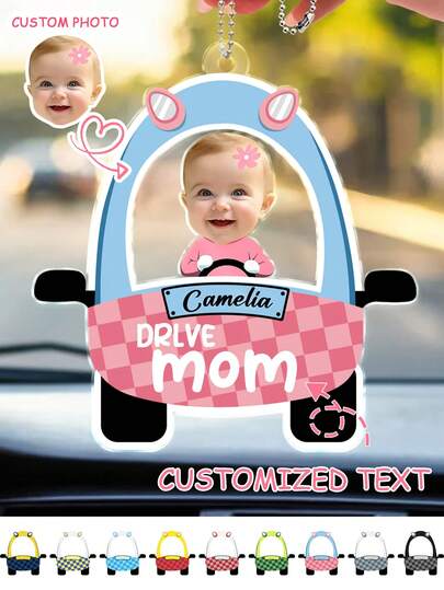 Acessórios de acrílico personalizados para carro, gancho para espelho retrovisor, decoração personalizada para carro com foto, texto personalizável adequado para interior do carro, decoração para viagem com espelho retrovisor, perfeito para exibir fotos e mensagens especiais para lembrar os entes queridos de dirigir com cuidado