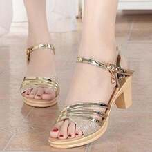 Sandalias de tacón grueso con correa de una sola pieza, punta abierta, tacón alto, sandalias de tacón alto, zapatos de mujer, zapatos, zapatos deportivos de mujer. - Dorado - Ver 4