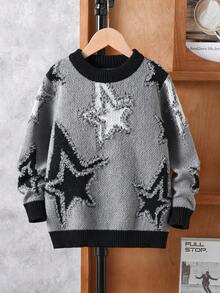 男童街头风格破洞五角星针织套头衫，长袖，适合休闲装，春秋冬