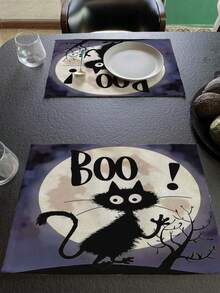 1 buc/4 buc/6 buc/48 buc Covorașe cu model de pisici de Halloween, Covorașe sezoniere de Halloween, Material asemănător inului în stil modern, Decor de casă de Halloween, Articole pentru petreceri de interior și exterior, Decorațiune cu tematică de Halloween, Decor de cameră. Potrivit pentru decorarea casei și a bucătăriei și decorarea petrecerii de Halloween.