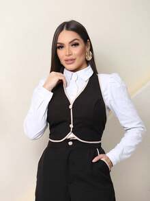 Conjunto Feminino Frente Única com Bojo e Calça de Alfaiataria – Elegância e Conforto no Tecido Sensoria--Novidade - Preto - Visão 3