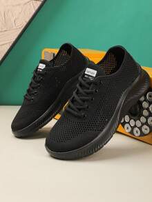 Women's Plus Size Breathable Mesh Sneakers, Soft & Comfortable Front Lace-Up Outdoor Running Shoes - Black - View 6