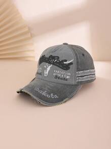 1pc Men's Color Block Embroidered Letter Distressed Washed Vintage Motorcycle Cap, Sun-Shading Fashion Baseball Hat, Streetwear Casual