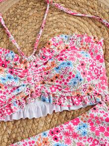 Bộ bikini hoa gợi cảm mới, thiết kế không dây đa năng, phù hợp cho thị trường nghỉ dưỡng bãi biển châu Âu và Mỹ. - Hồng - Xem 4