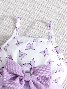 Baby Girls' Elegant Ruffle Trim Long Sleeve Butterfly Embroidered Jacket Paired With Minimalist Butterfly Print Mesh Dress 2pcs Set - Purple - View 6