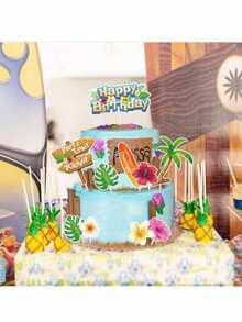 10 piezas Decoraciones de pastel con temática de verano y playa, insertos de papel, flores hawaianas y árboles de coco, decoraciones de pastel con temática de verano y playa, decoraciones de pastel con temática de dibujos animados, decoraciones de fiesta, decoraciones de pastel de cumpleaños - Multicolor - Ver 2