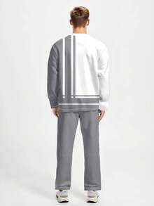 男士渐变印花圆领运动套装，狮子印花休闲卫衣和裤子套装，适合户外运动 - 灰色 - 查看 2