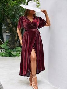 Simplee Women's Plus Size Butterfly Sleeve V-Neck Wrap Tie Waist Dress, Christmas Dress, Shiny Dress, Wedding Guest Dress, Birthday Dress