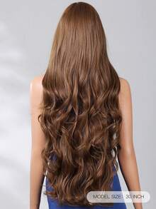 30 Inch Long Wig With Bangs Brown Synthetic Wigs For Women Bobo Wave Heat Resistant Long Wig Daily Party Uesd - 棕色 - 查看 5