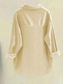 Women's Fashion Polyester Turndown Collar Long Sleeve Drop Shoulder Corduroy Casual Shirt, Asymmetric Hem With Button Detail