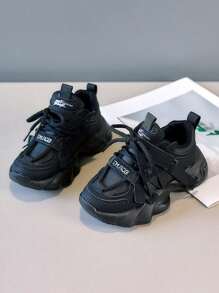 1 Pair Fashion Children's Sports Shoes, PU Leather Patchwork Waterproof Low-Top Thick Sole Non-Slip Running Shoes, Campus Style Boys & Girls Comfortable Casual Shoes, Suitable For All Seasons