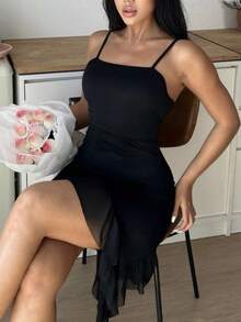 性感内衣女式黑色细肩带紧身连衣裙，不对称荷叶边下摆无袖睡裙 - 黑色 - 查看 5