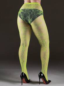 1pc Plus Size Jacquard Fishnet Stockings, Floral Hollow Out Leggings, Sexy & Fashionable, Suitable For Party, Home, Office, Halloween, Y2K, Gothic Style, Back To School - Yellow - View 3