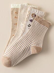 1/4 Pairs Beige Lace Ruffled Rabbit Print Stripe Pattern Breathable Cute Elastic Casual Student Moisture-Wicking Mid-Calf Socks For Women, Suitable For Easter, Fall