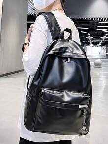 peach tree 1pc Minimalist Solid Color Backpack, Versatile Campus Style, Large Capacity Fits 12in Tablet, PU Laptop Backpack, Suitable For School, Travel, Black Color, Waterproof, Streamlined Design, Outdoor, Business, Fitness, Gift For Boyfriend, Dad Large Capacity Bag Office Bag Laptop Case - Black - View 5