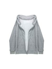 Solid Drop Shoulder Drawstring Hoodie,Long Sleeve Tops - Light Grey - View 2