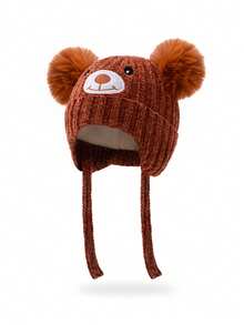 1顶儿童针织帽，带熊耳朵和双绒球，冬季保暖护耳，适合婴幼儿 - 1PC - 查看 9