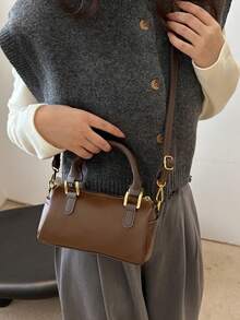 Tas Tangan Mewah untuk Wanita, Tas Genggam Silinder Bulat Serbaguna dan Modis Terbaru, Tas Selempang Bahu dengan Penutup Resleting, Tas Boston Kulit PU Warna Kontras - Coffee Brown - View 4