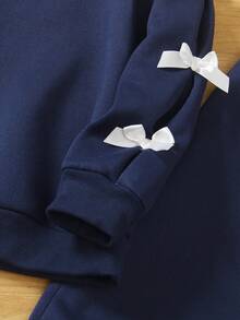 2 Pieces Set: Tween Girls Casual Bowknot Long Sleeve Crew Neck Sweatshirt And Straight Leg Sweatpants, Autumn - Navy Blue - View 5