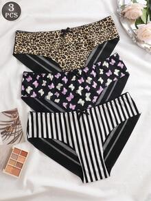 3pcs/Set Solid Color Lace Patchwork Mesh Butterfly Stripe Leopard Print Comfortable Breathable Sexy Women's Underwear Set