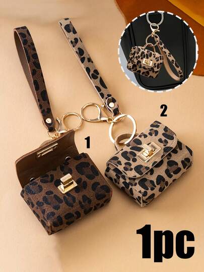 [Llavero elegante] Llavero elegante de piel sintética con estampado de leopardo y monedero | Diseño flotante, forma rectangular, accesorio de moda para llaves de coche y bolso, regalo ideal, organizador de llaves, broche dorado