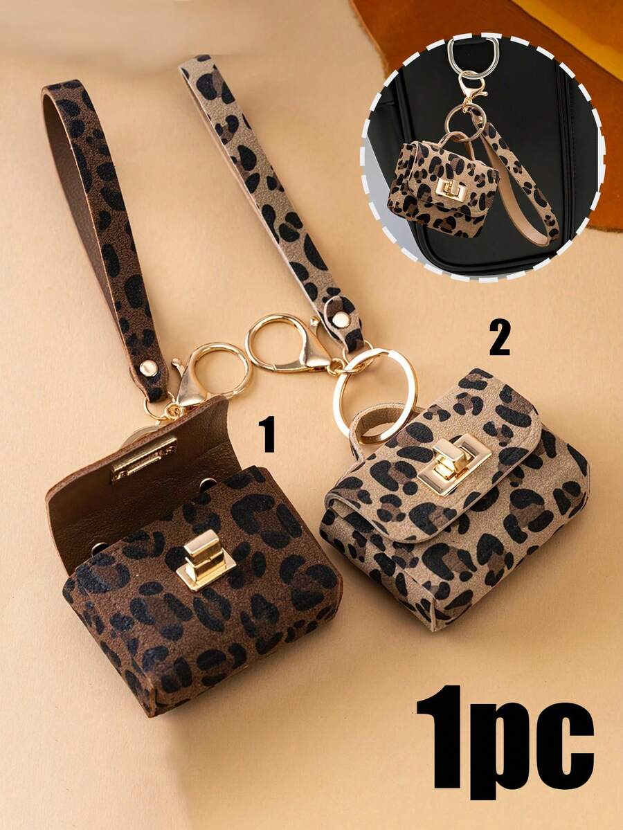 [Móc khóa thời trang] Móc khóa giả da cao cấp họa tiết da báo thời trang kèm ví đựng tiền xu | Thiết kế nổi, hình chữ nhật, phụ kiện chìa khóa xe và túi xách thời trang, quà tặng lý tưởng, dụng cụ sắp xếp chìa khóa, khóa mạ vàng - Nhiều màu - Xem 1