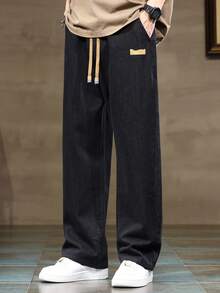 加大码男士抽绳松紧腰弹力牛仔裤，宽松直筒牛仔裤，休闲百搭舒适，四季皆宜 - 黑色 - 查看 6