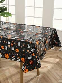 1pc Disposable Halloween Tablecloth, Bat Skull Haunted House Pumpkin Cobweb Bloody Handprint Pattern Print, Suitable For Halloween Decoration, Birthday Party Decor - Multicolor - View 7