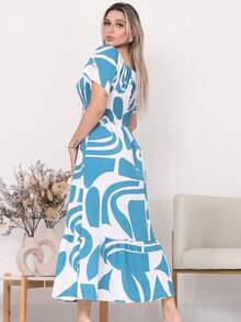 Women's Long Midi Dress With Puffer Sleeves And  Frills, Off-The-Shoulder, Tres Marias Floral - 綠松石藍 - 查看 2