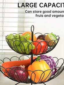 Contenedor frutero canasta de 2 niveles desmontable en color negro, organizador multiusos cocina hogar, almacenamiento frutas verduras, diseño moderno - Albaricoque - Ver 6