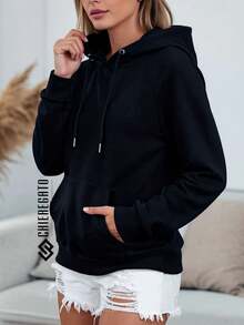 Women's  Hoodie With Premium Plain Flannel Cold Weather Blouse Coat Winter Long Sleeve Windbreaker - 黑色 - 查看 2