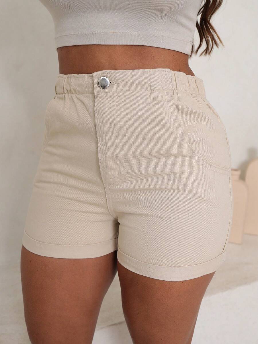 Traditional Denim Shorts With Elastic Waistband - Beige - View 1