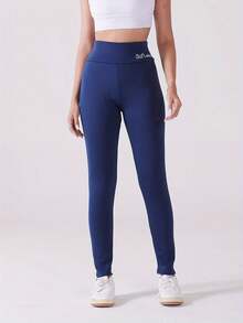 女式天鹅绒内衬高腰紧身打底裤，保暖内衣，秋冬 - 藍色 - 查看 8